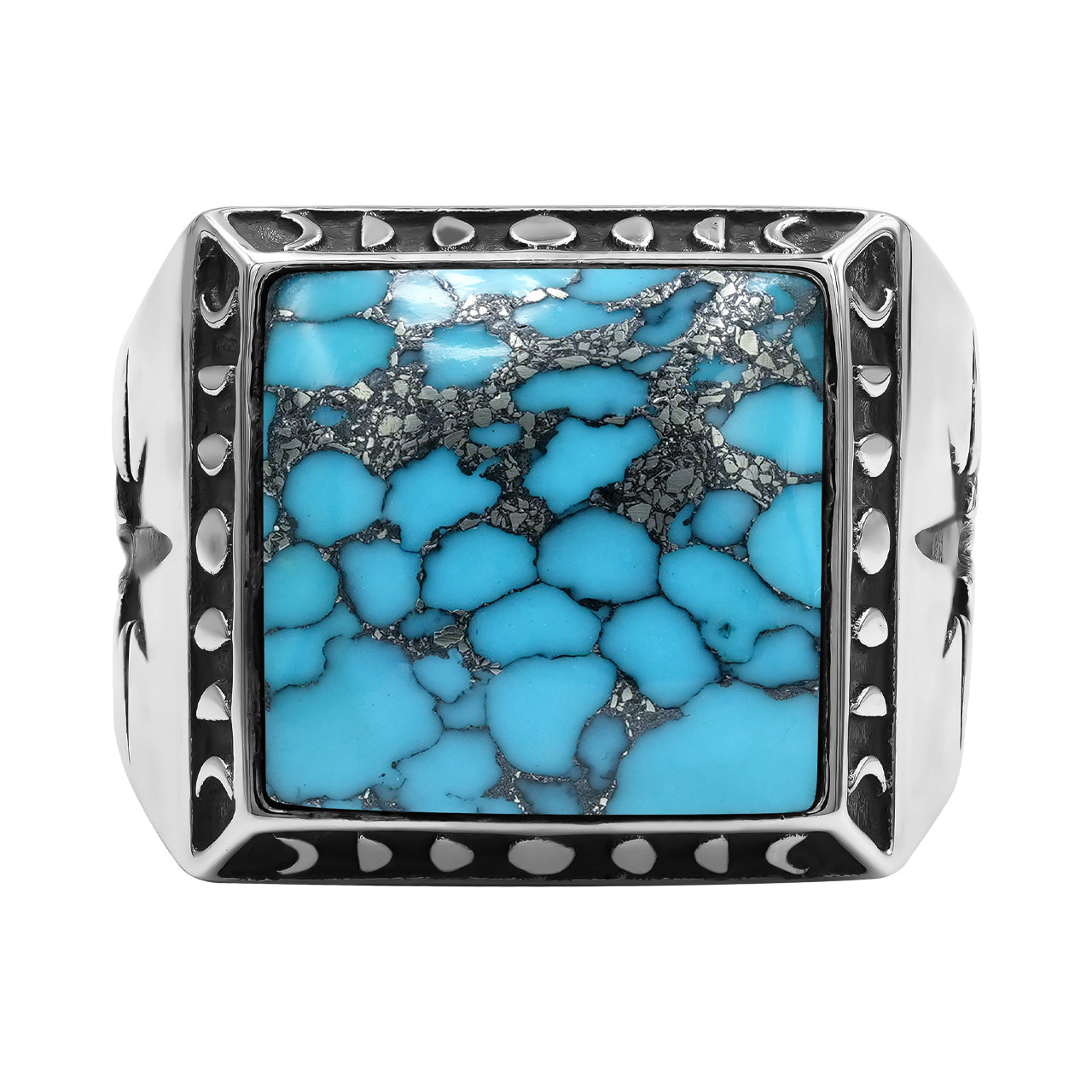Starborn Stabilized Pressed Block Turquoise Square Men's Ring with Octagram in Sterling Silver