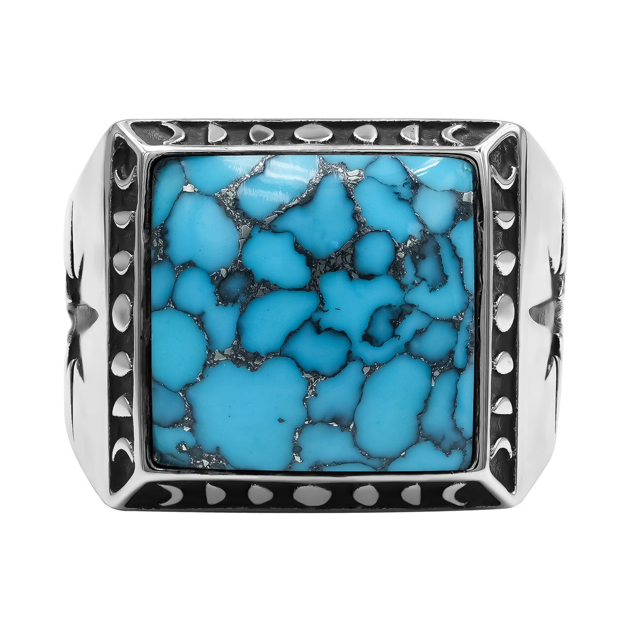 Starborn Stabilized Pressed Block Turquoise Square Men's Ring with Octagram in Sterling Silver