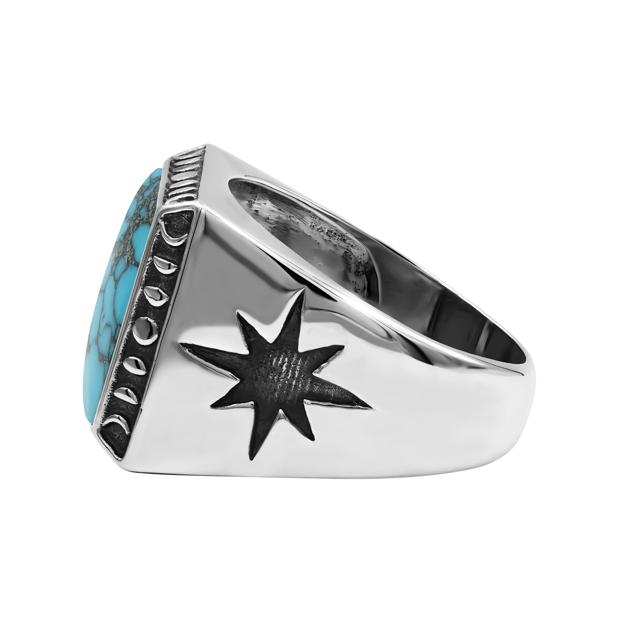 Starborn Stabilized Pressed Block Turquoise Square Men's Ring with Octagram in Sterling Silver