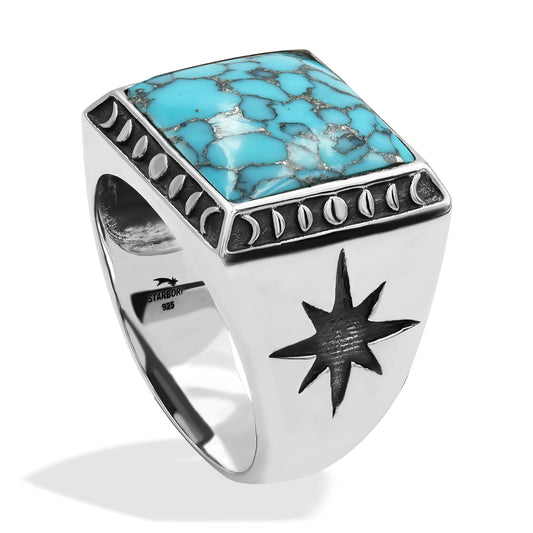 Starborn Stabilized Pressed Block Turquoise Square Men's Ring with Octagram in Sterling Silver