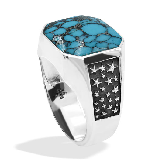 Starborn Stabilized Pressed Block Turquoise Octagon Signet Men's Ring in Sterling Silver