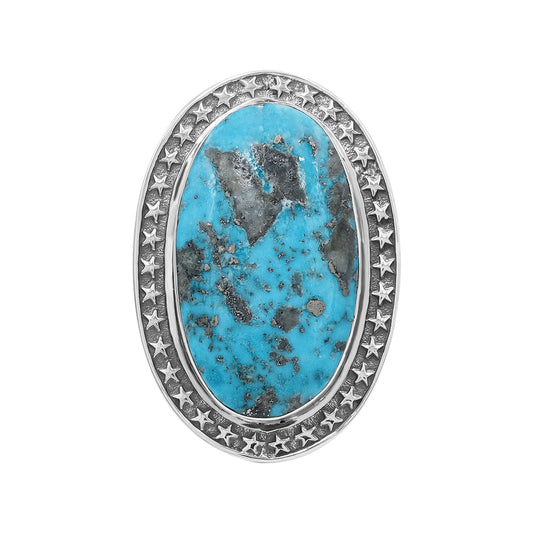 Starborn Oval Shape Persian Turquoise Ring with Stars Accent Frame in Sterling Silver