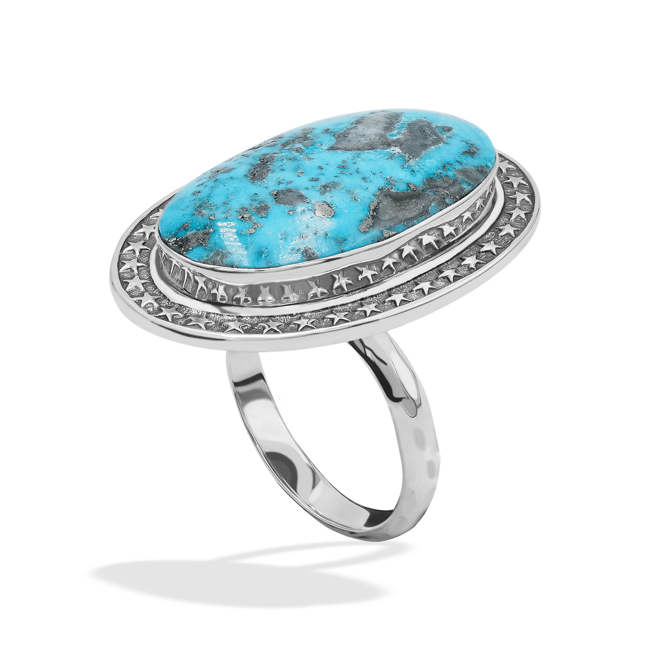 Starborn Oval Shape Persian Turquoise Ring with Stars Accent Frame in Sterling Silver