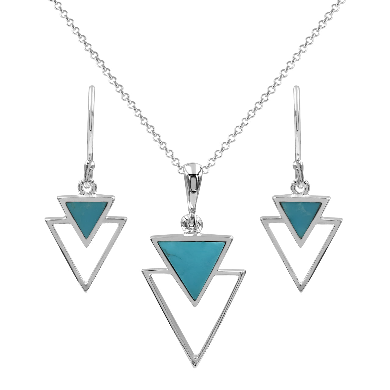 Starborn Turquoise Stacked Triangle Pendant and Earring Set in Sterling Silver