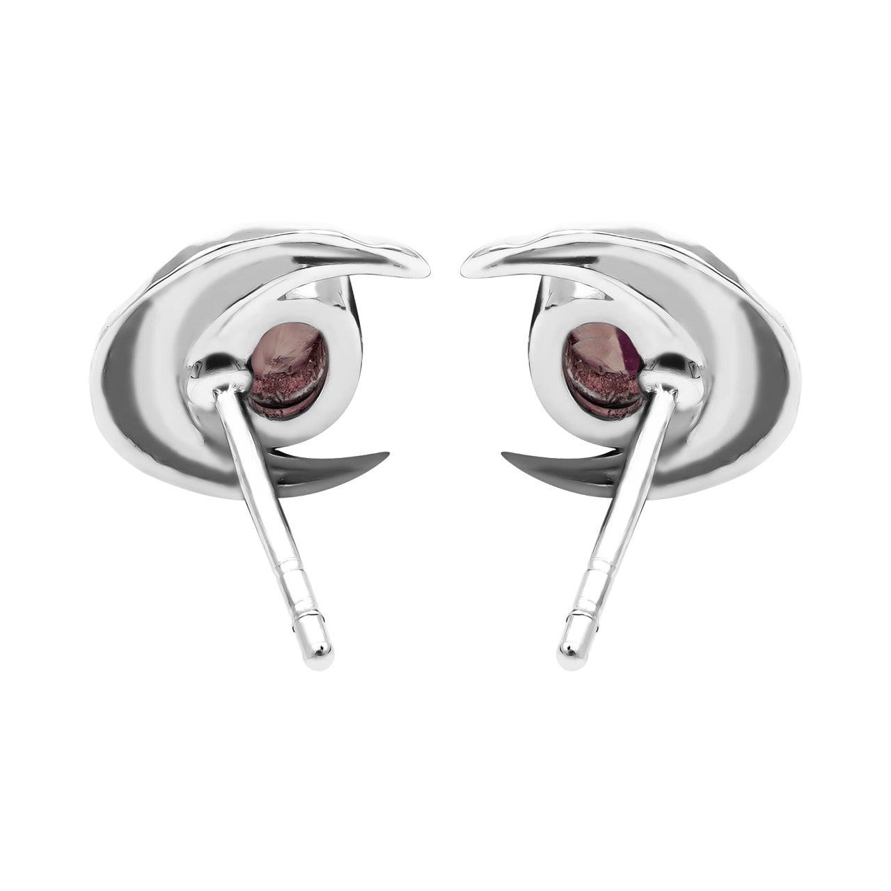 Starborn Polished Oval Tourmaline Cabochon Post Earrings with Hammered Crescent Moon Accent in Sterling Silver