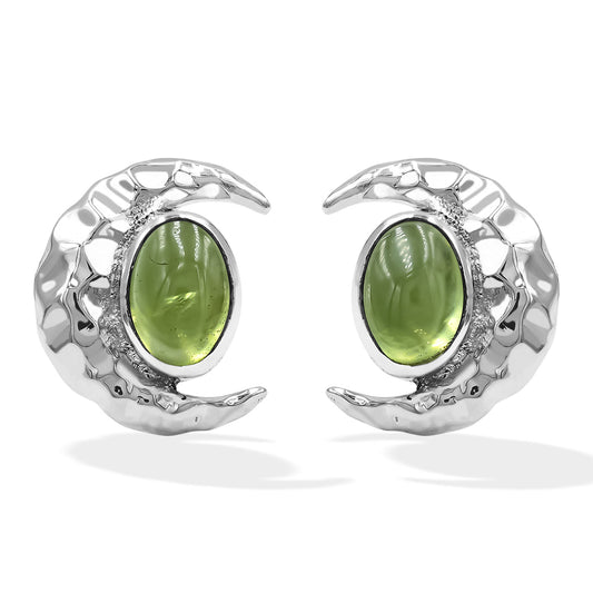 Starborn Polished Oval Tourmaline Cabochon Post Earrings with Hammered Crescent Moon Accent in Sterling Silver
