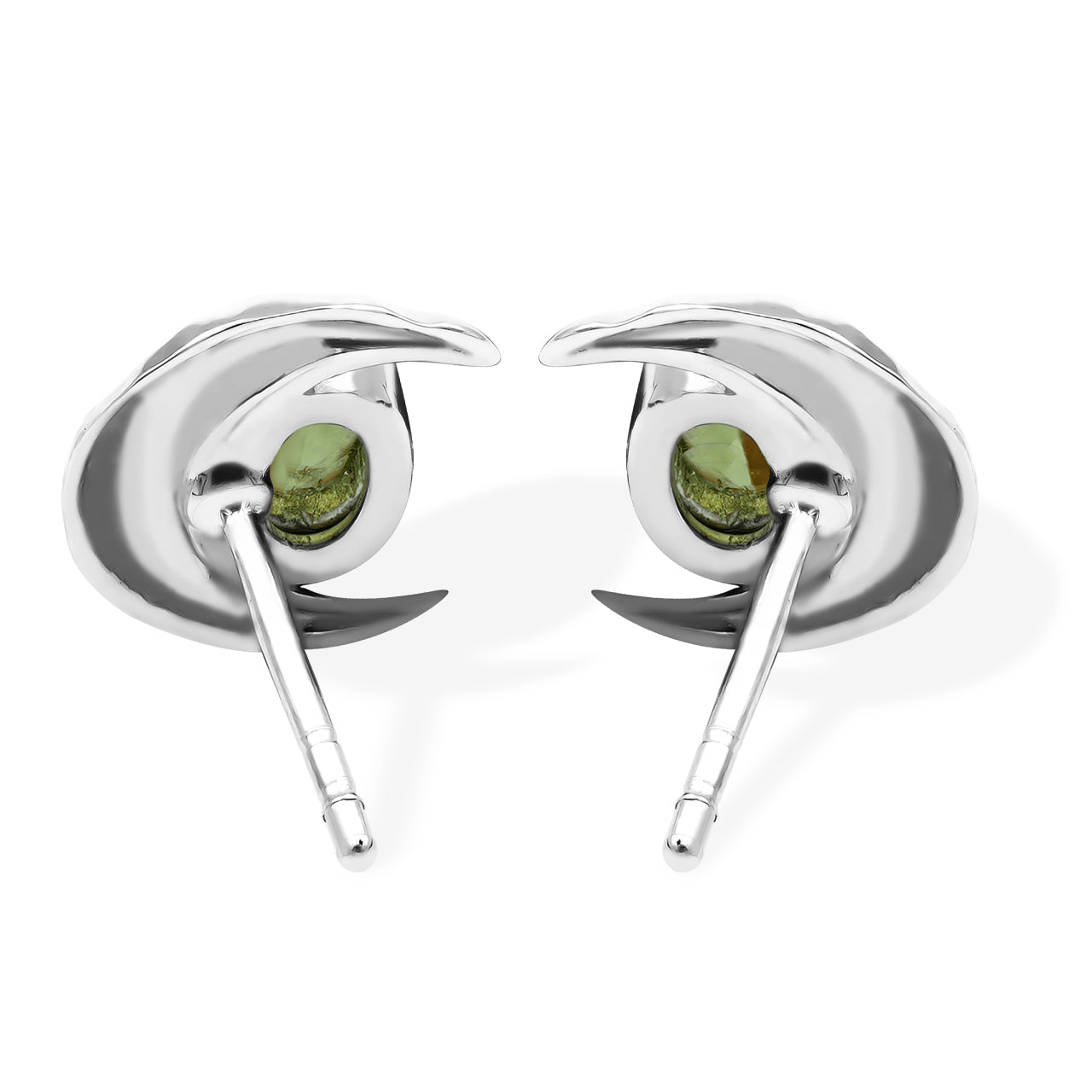 Starborn Polished Oval Tourmaline Cabochon Post Earrings with Hammered Crescent Moon Accent in Sterling Silver