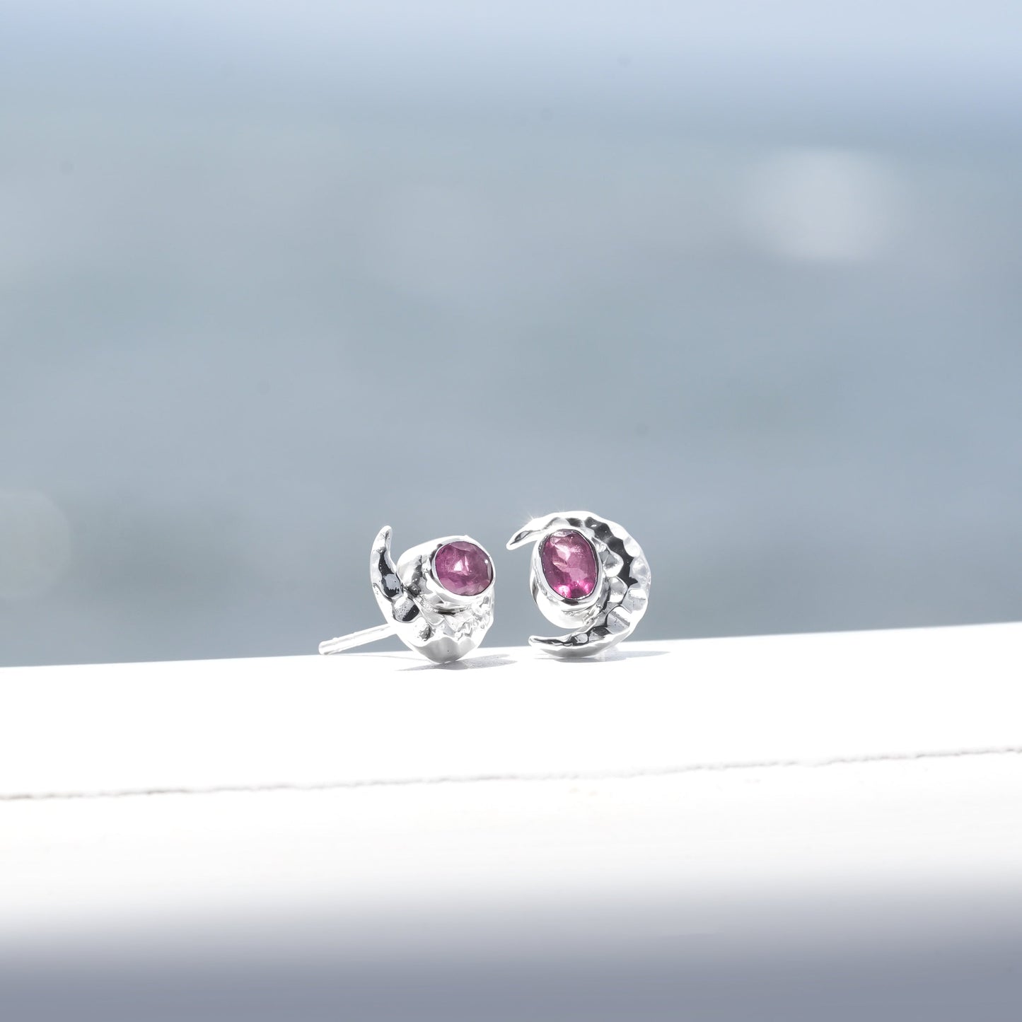 Starborn Faceted Oval Gemstone Post Earrings with Hammered Crescent Moon Accent in Sterling Silver