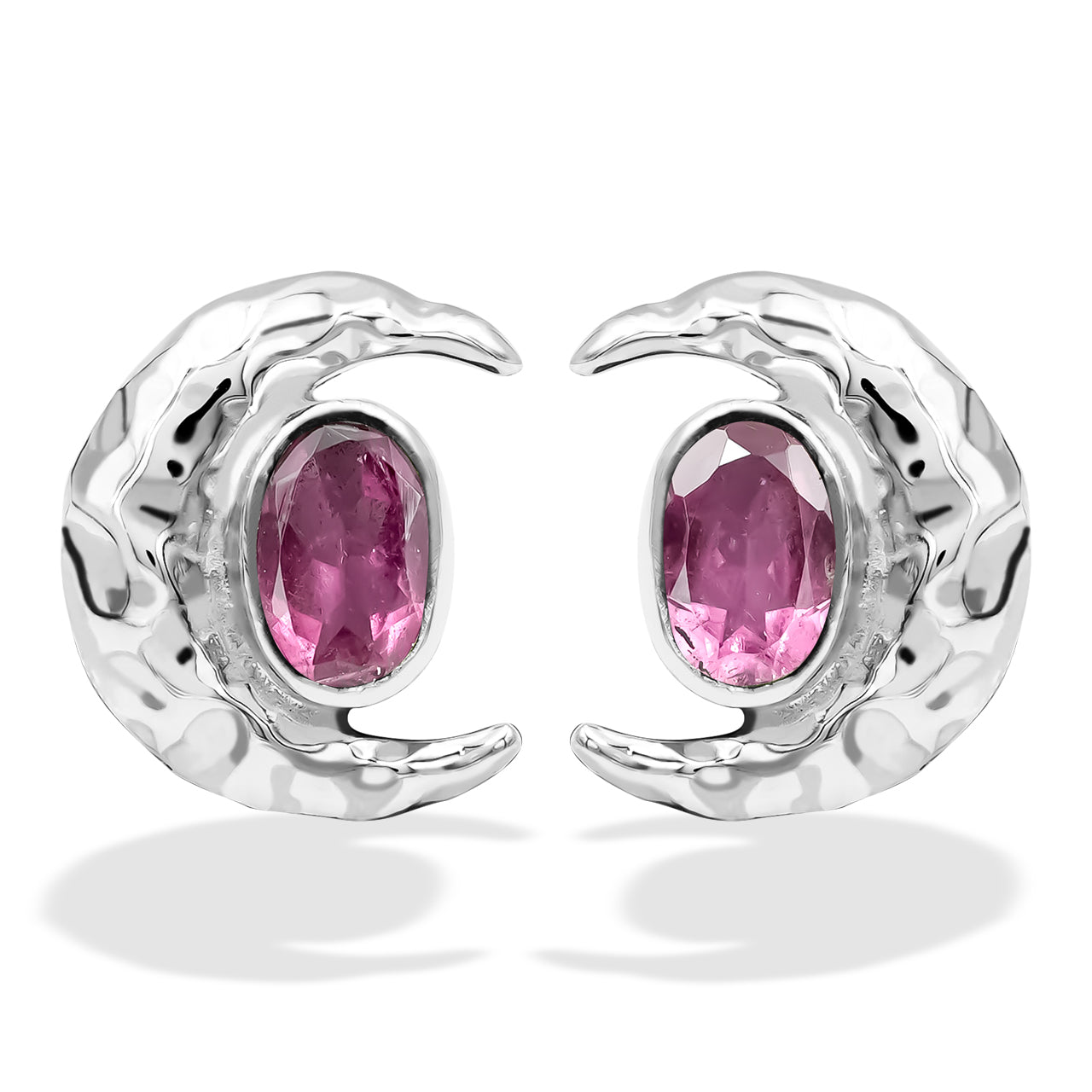 Starborn Faceted Oval Gemstone Post Earrings with Hammered Crescent Moon Accent in Sterling Silver