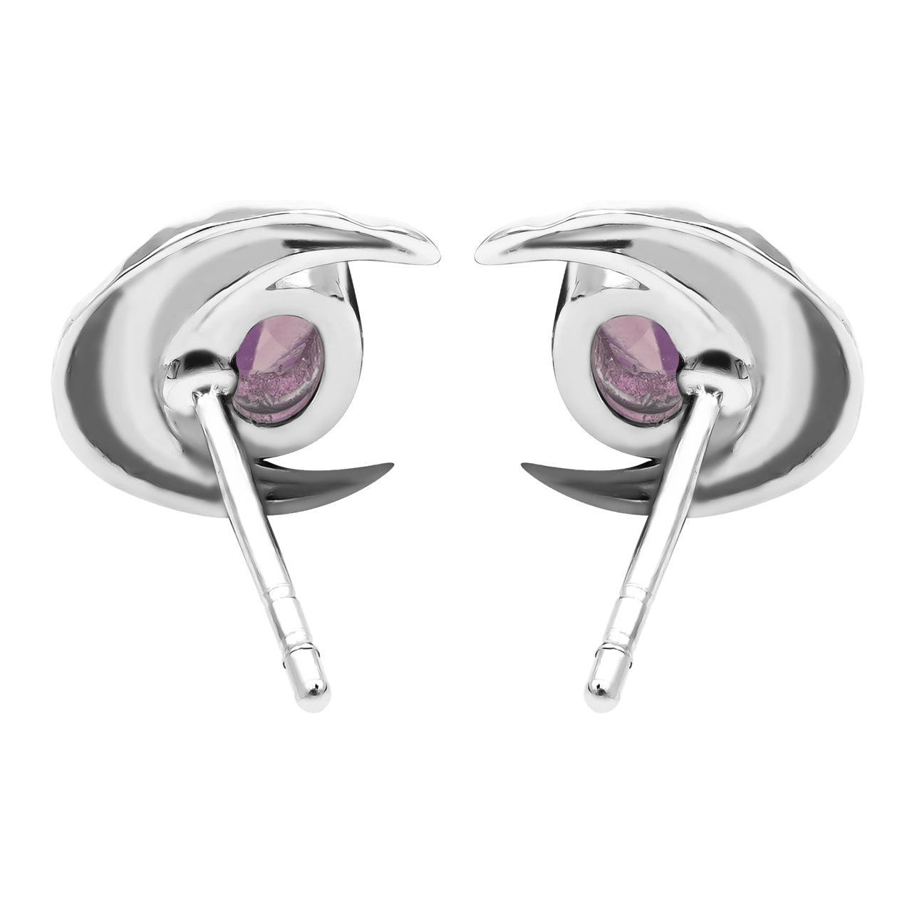 Starborn Faceted Oval Gemstone Post Earrings with Hammered Crescent Moon Accent in Sterling Silver