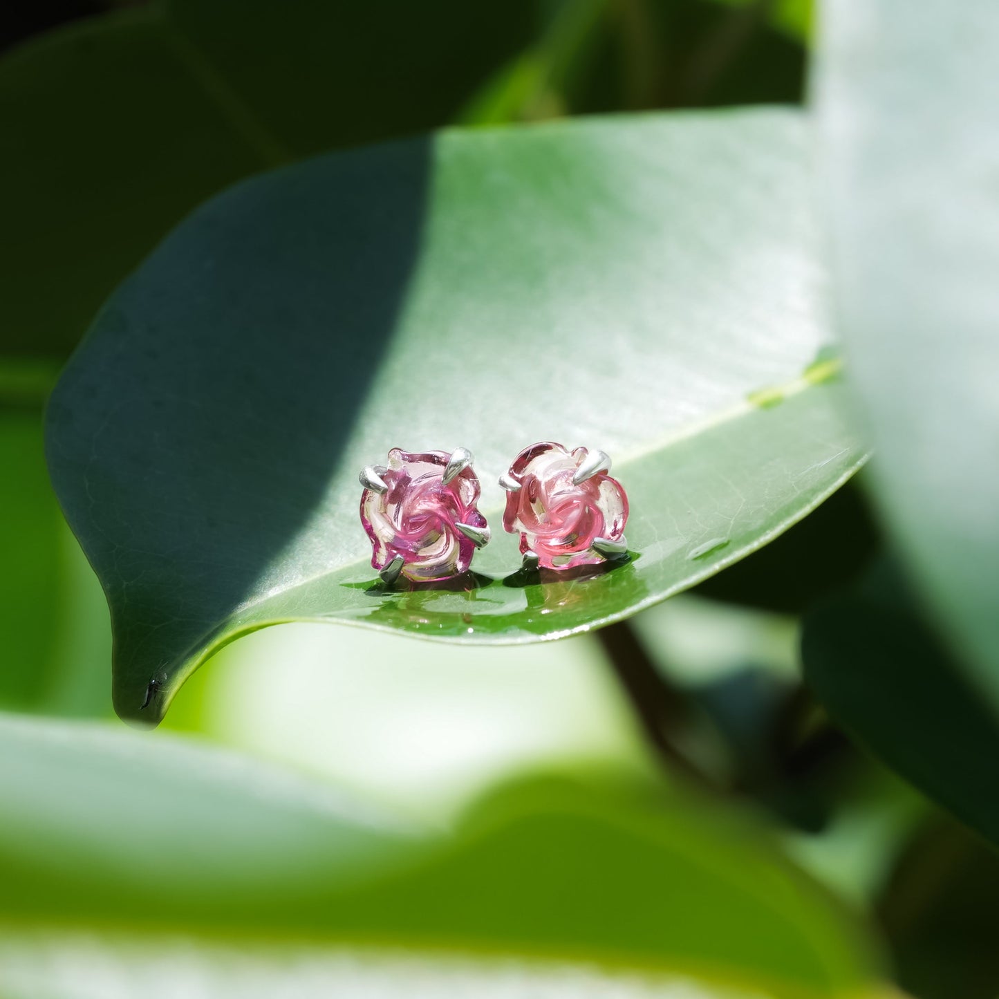 Starborn Carved Pink Tourmaline Rosebud Post Style Earrings in Sterling Silver