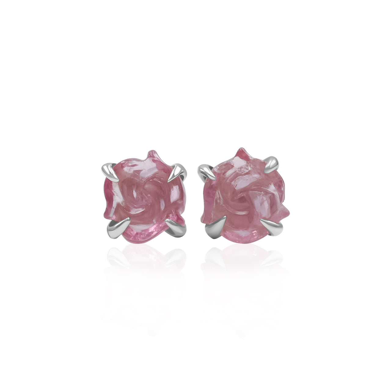 Starborn Carved Pink Tourmaline Rosebud Post Style Earrings in Sterling Silver
