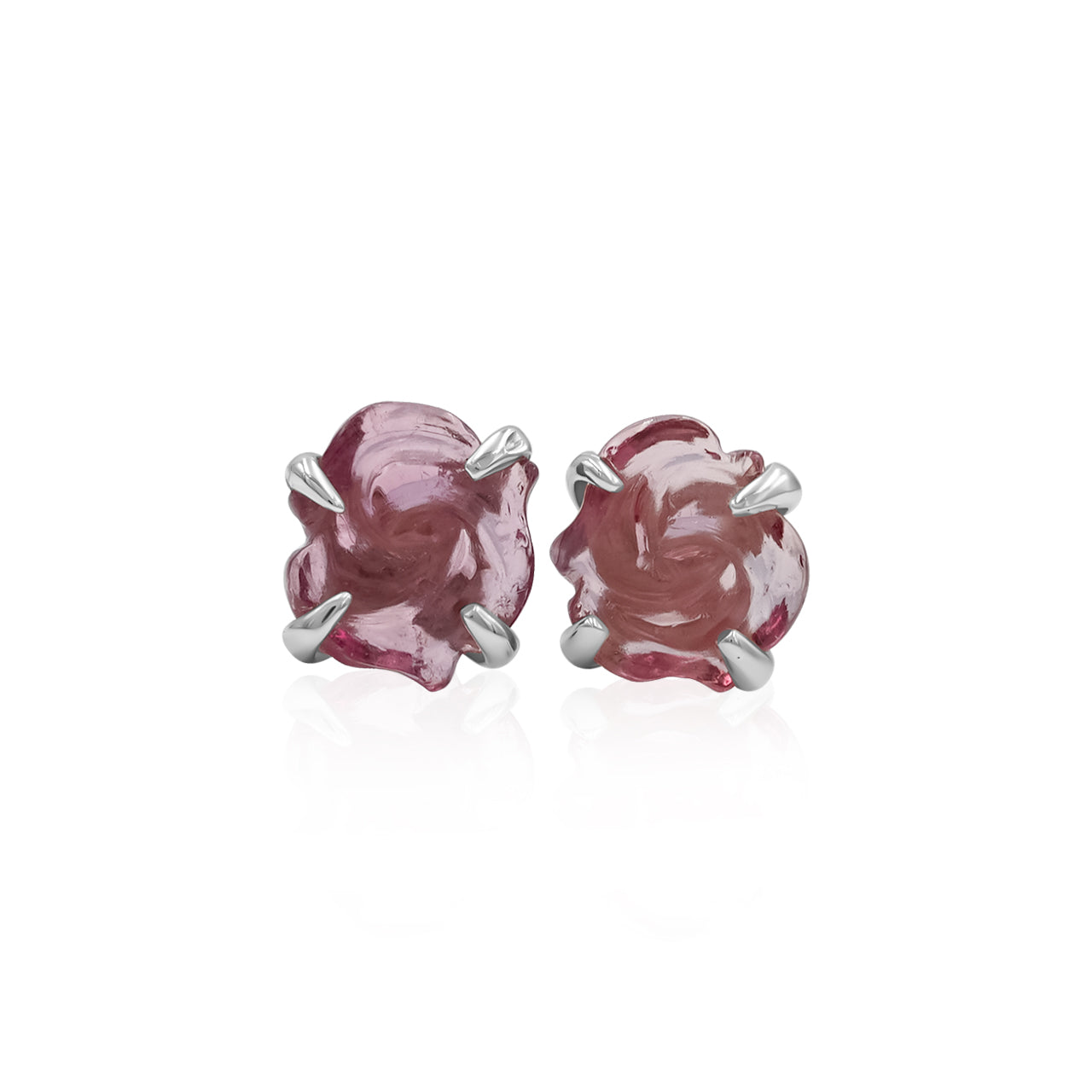 Starborn Carved Pink Tourmaline Rosebud Post Style Earrings in Sterling Silver