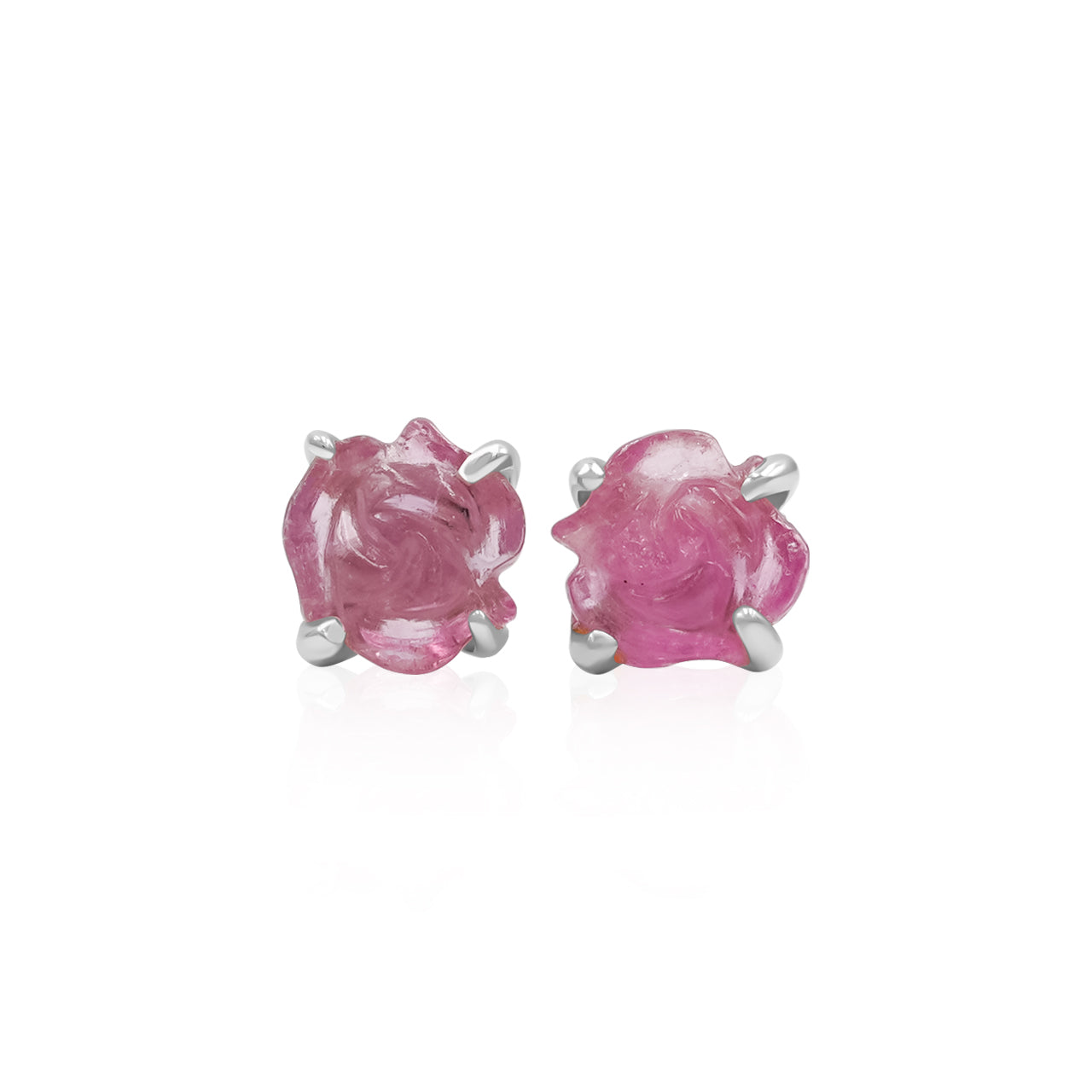 Starborn Carved Pink Tourmaline Rosebud Post Style Earrings in Sterling Silver