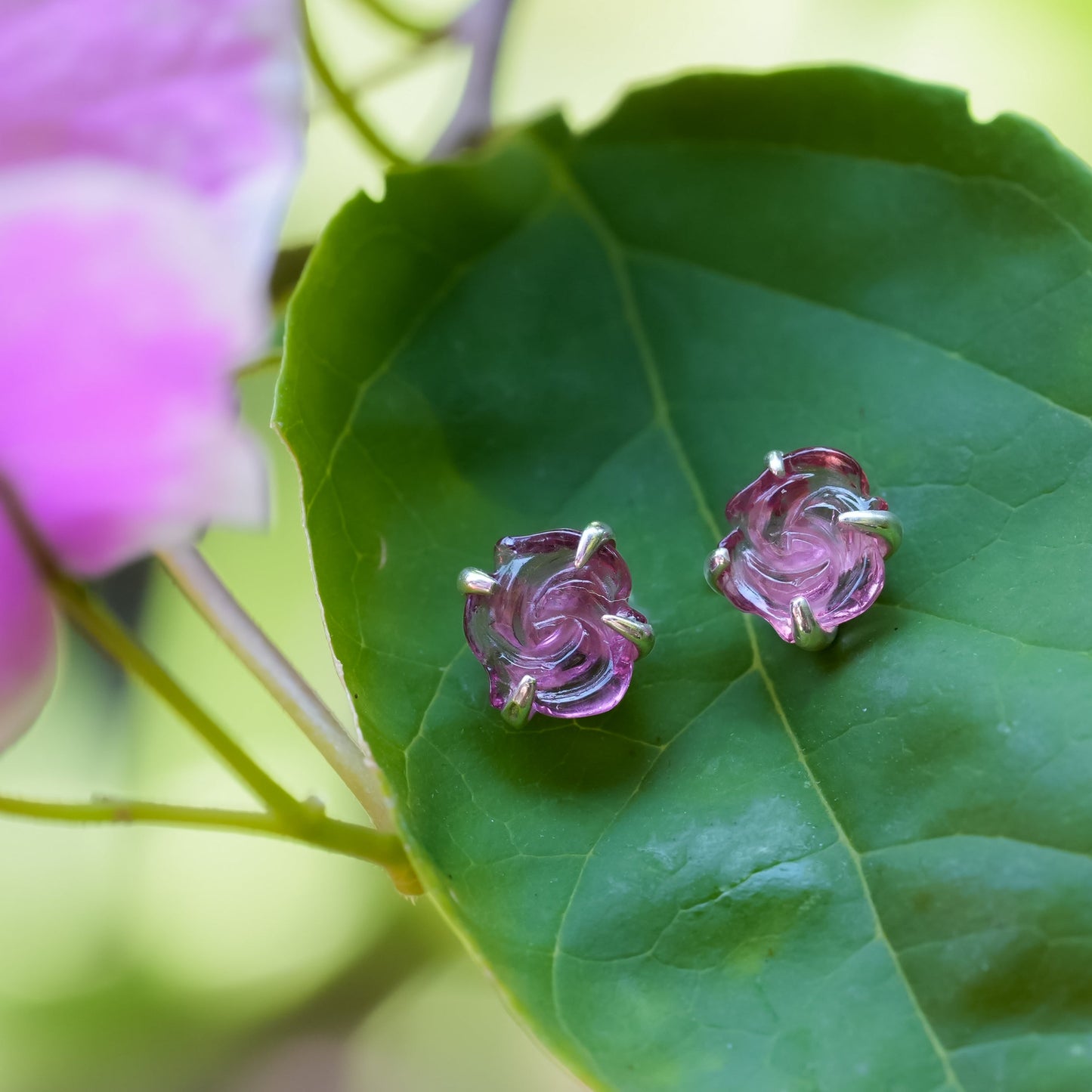 Starborn Carved Pink Tourmaline Rosebud Post Style Earrings in Sterling Silver