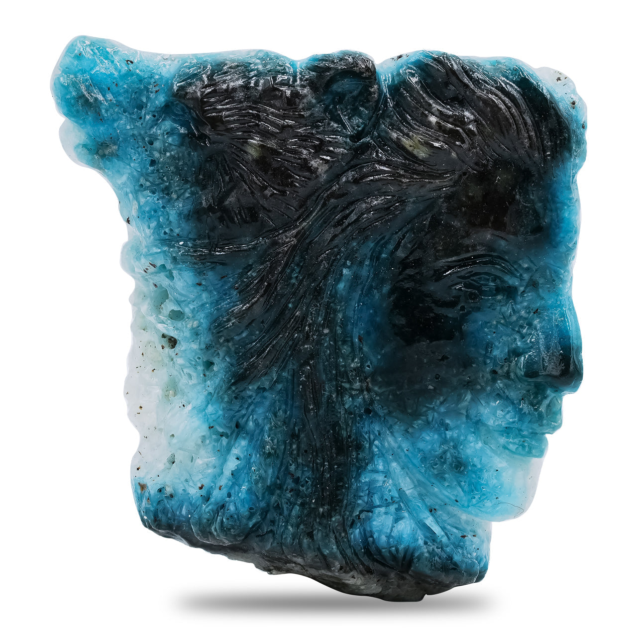Starborn Hand Carved Blue Ice Woman and Animal Face Carving 128 cts - 1 Piece