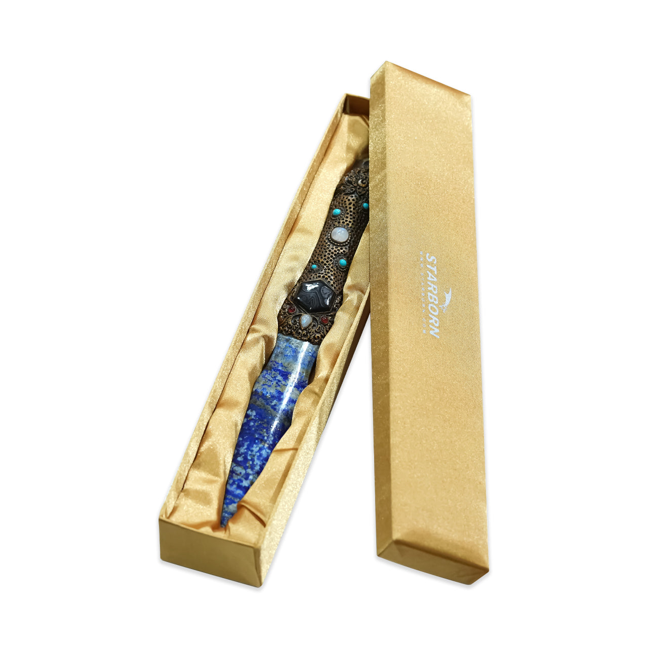 Starborn Lapis Lazuli Crystal Wand with Decorative Gemstone Inlay Clay Handle