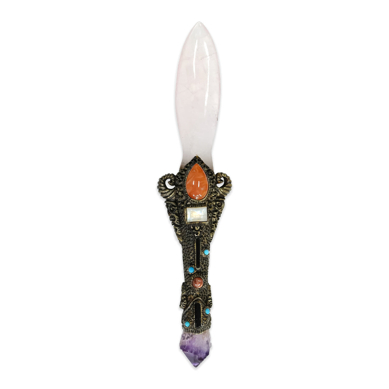 Starborn Rose Quartz Crystal Wand with Decorative Gemstone Inlay Clay Handle
