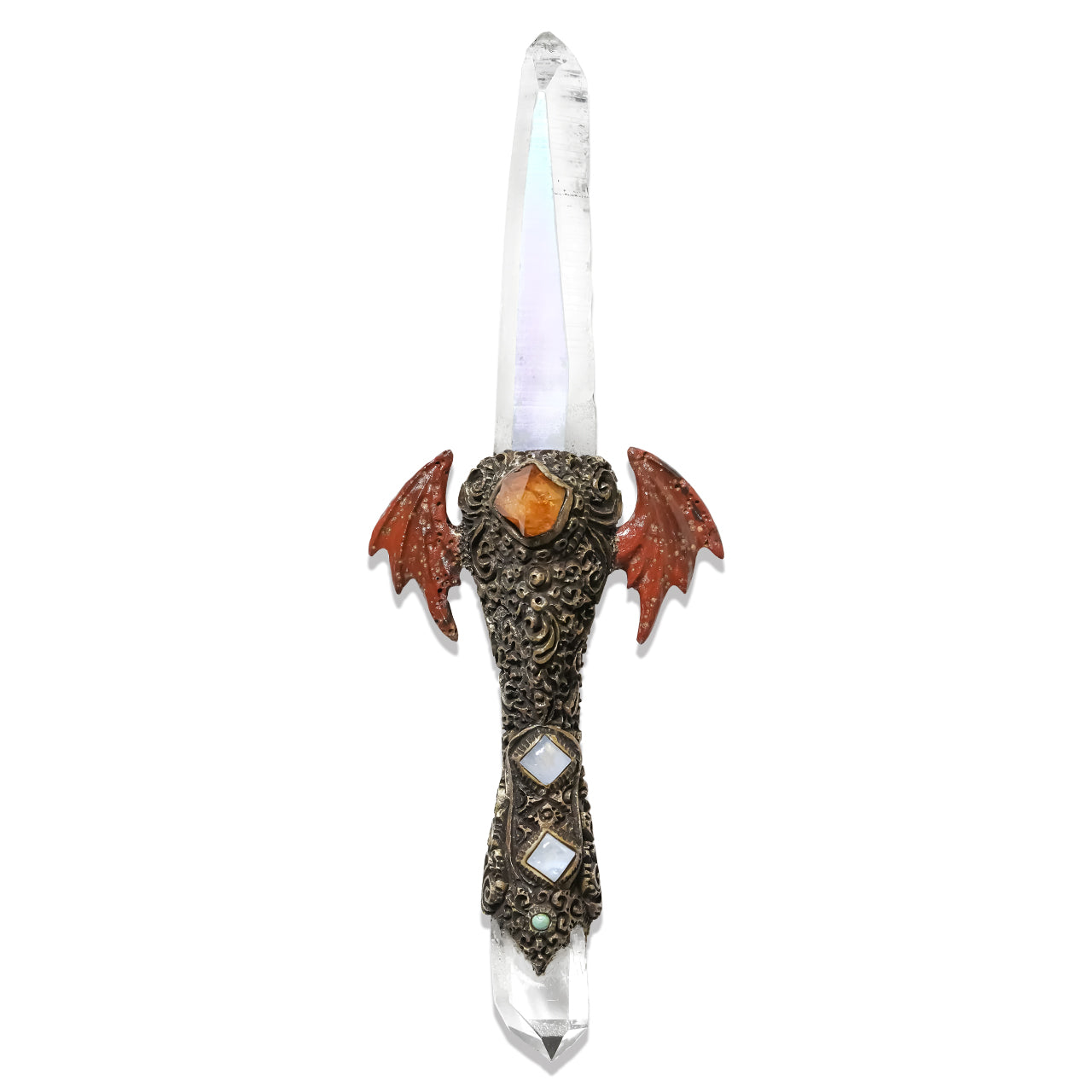Starborn Angel Aura Quartz Crystal Wand with Red Jasper Wings and Decorative Gemstone Inlay Clay Handle