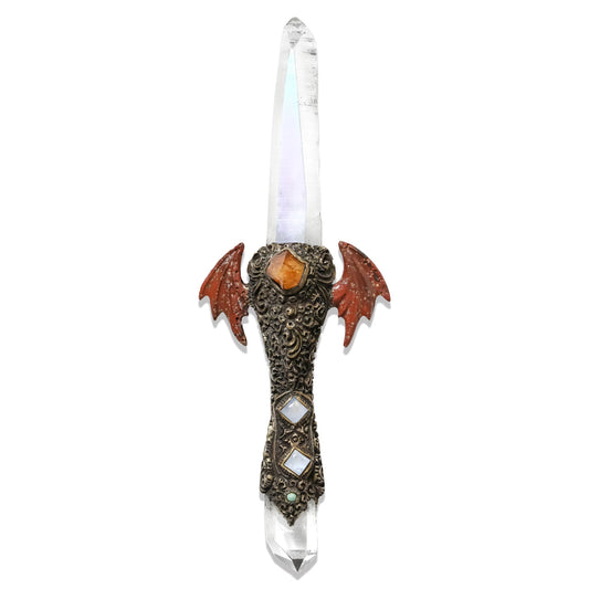 Starborn Angel Aura Quartz Crystal Wand with Red Jasper Wings and Decorative Gemstone Inlay Clay Handle