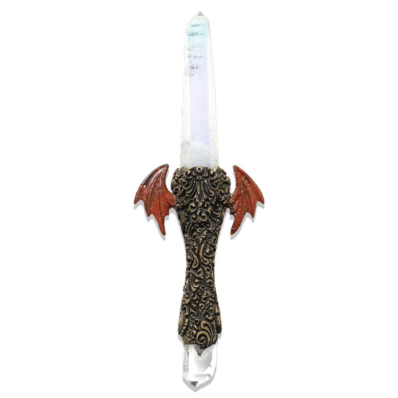 Starborn Angel Aura Quartz Crystal Wand with Red Jasper Wings and Decorative Gemstone Inlay Clay Handle
