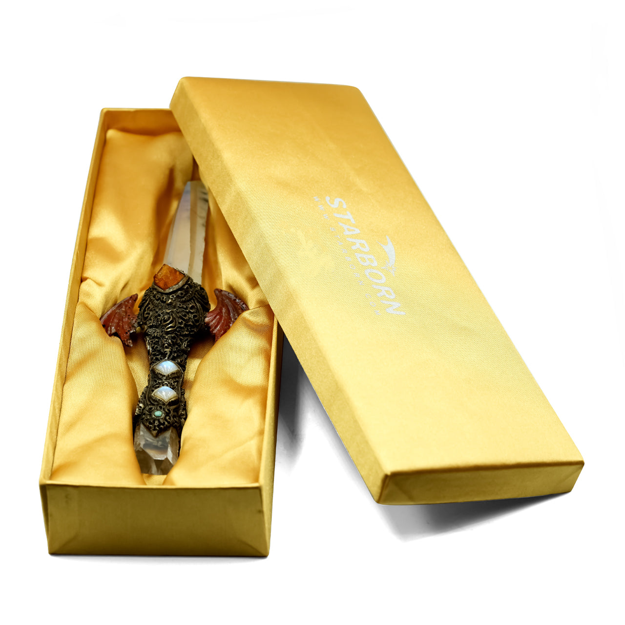 Starborn Angel Aura Quartz Crystal Wand with Red Jasper Wings and Decorative Gemstone Inlay Clay Handle