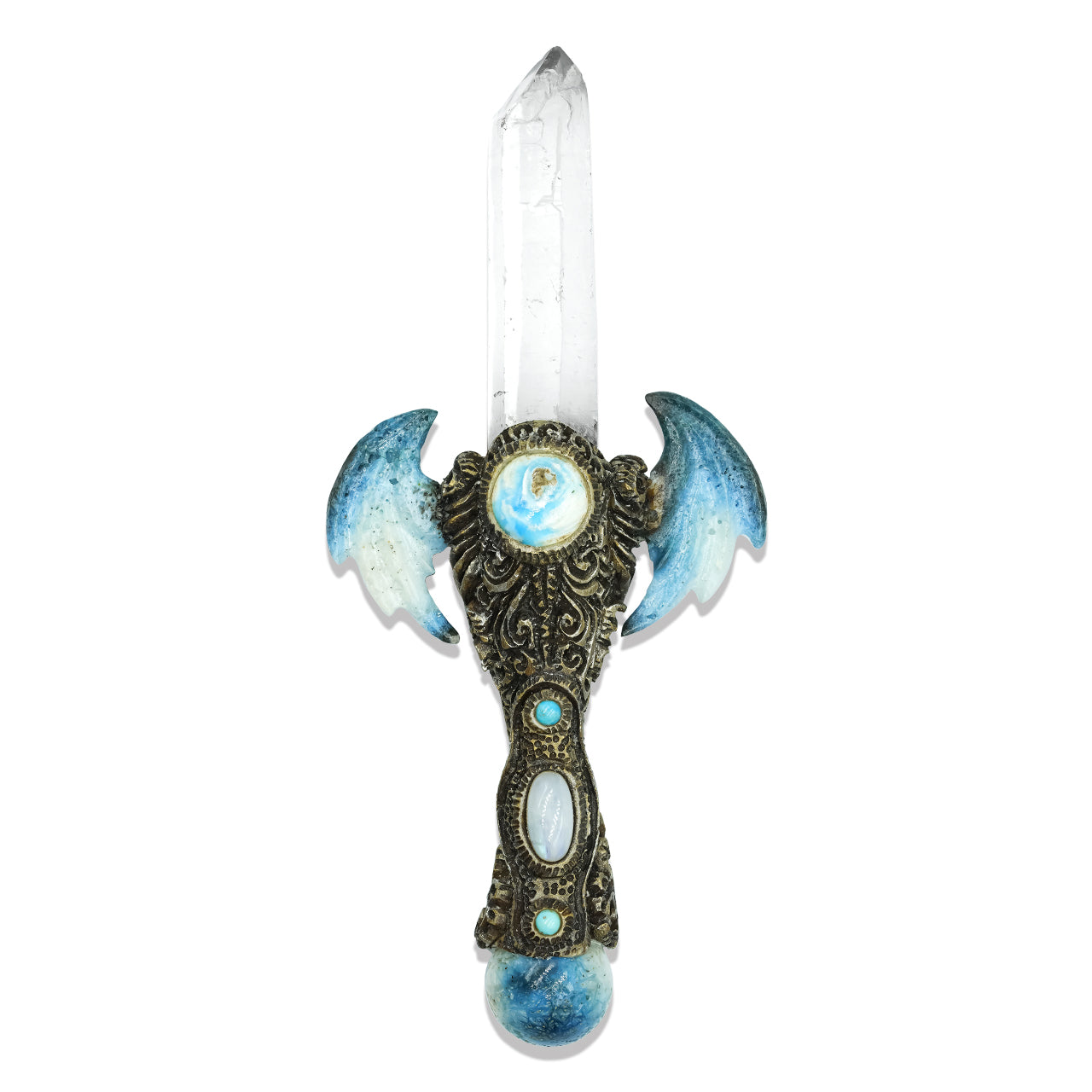 Starborn Quartz Crystal Wand with Blue Ice Glacierite Wings and Decorative Gemstone Inlay Clay Handle