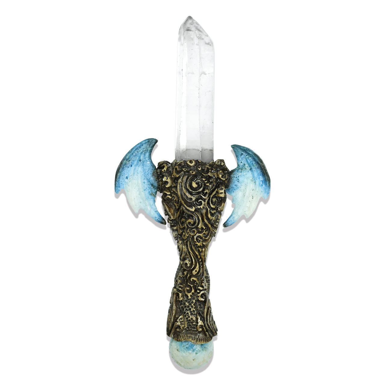 Starborn Quartz Crystal Wand with Blue Ice Glacierite Wings and Decorative Gemstone Inlay Clay Handle