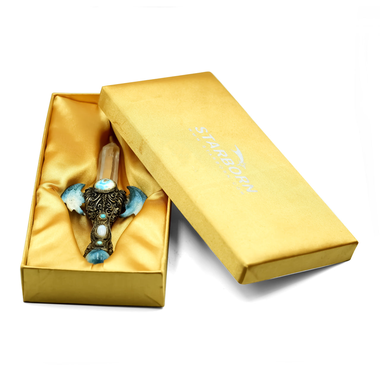 Starborn Quartz Crystal Wand with Blue Ice Glacierite Wings and Decorative Gemstone Inlay Clay Handle