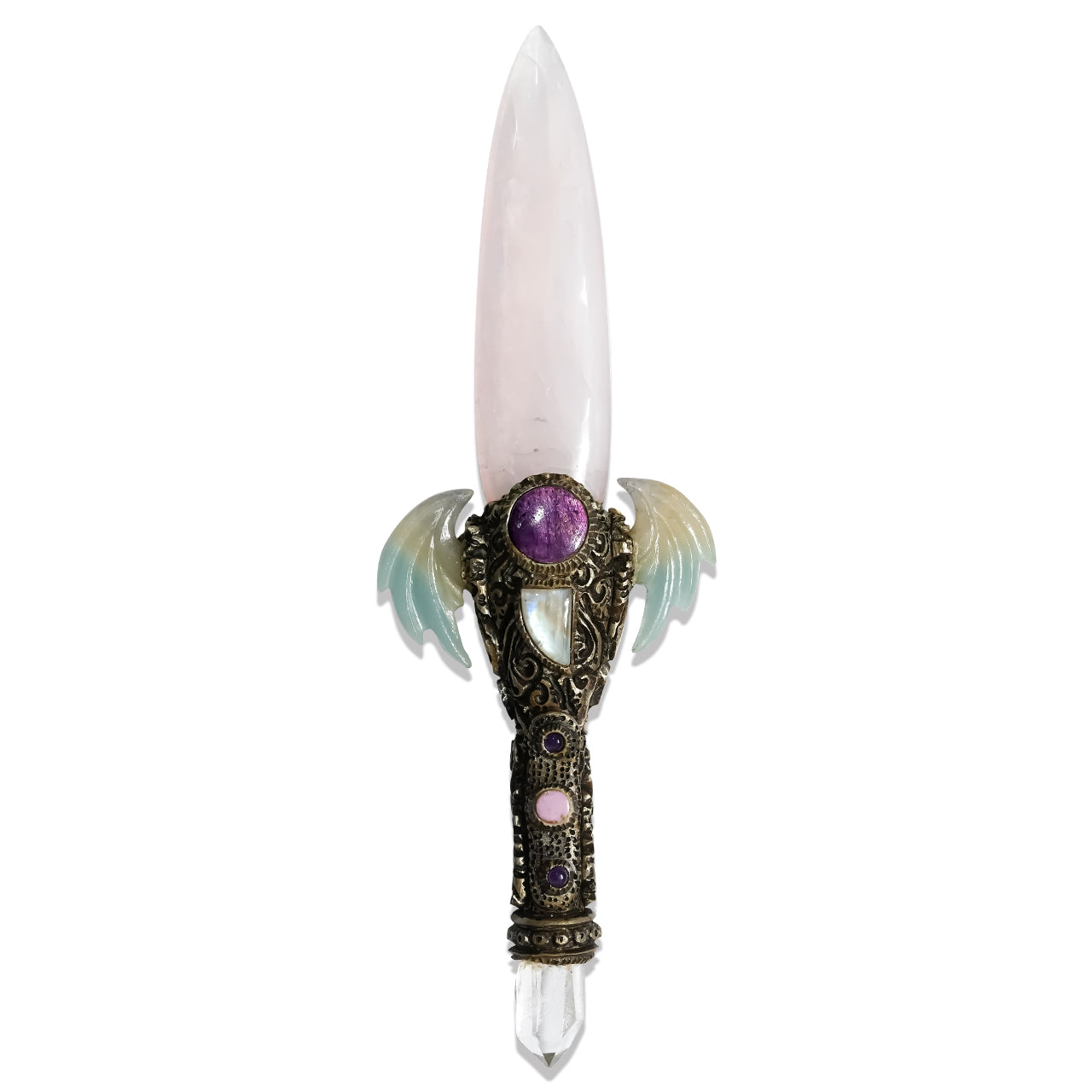 Starborn Rose Quartz Crystal Wand with Troilite Wings and Decorative Gemstone Inlay Clay Handle