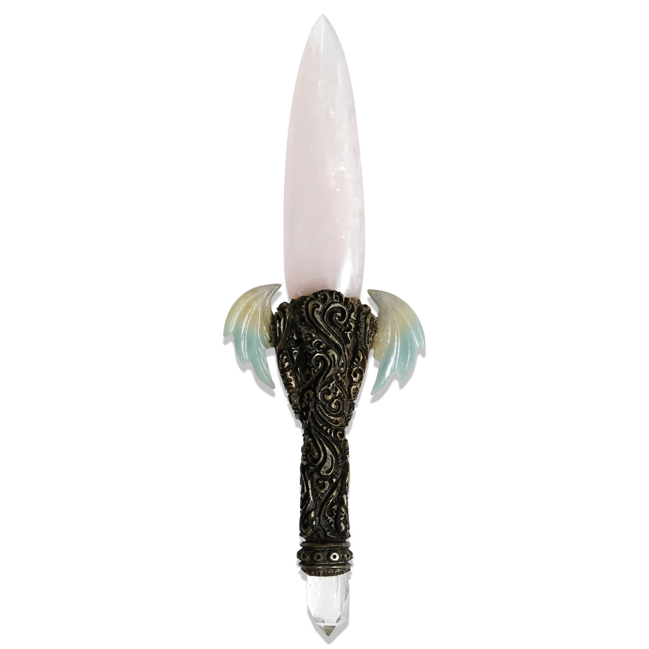 Starborn Rose Quartz Crystal Wand with Troilite Wings and Decorative Gemstone Inlay Clay Handle