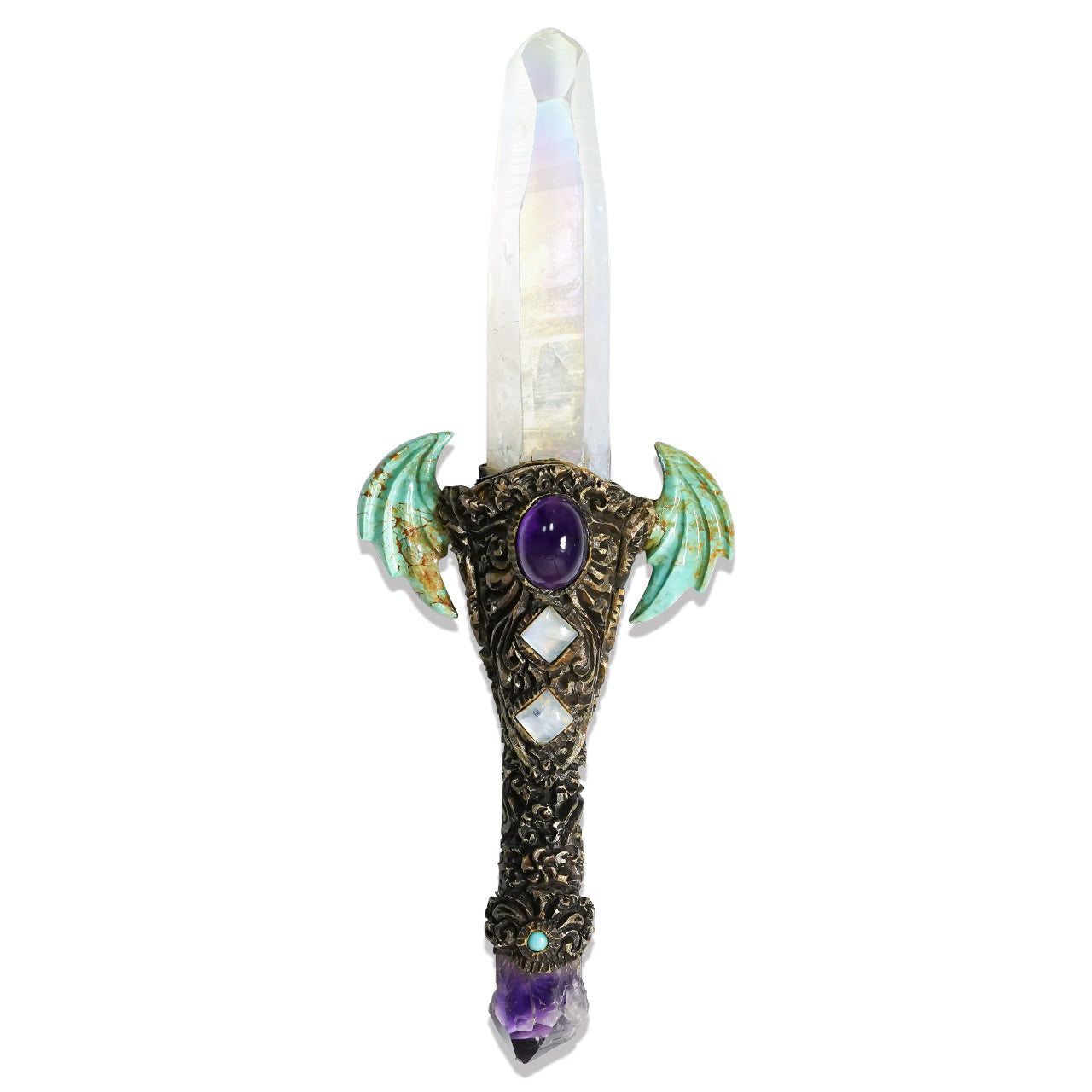 Starborn Angel Aura Quartz Crystal Wand with Turquoise Wings and Decorative Gemstone Inlay Clay Handle