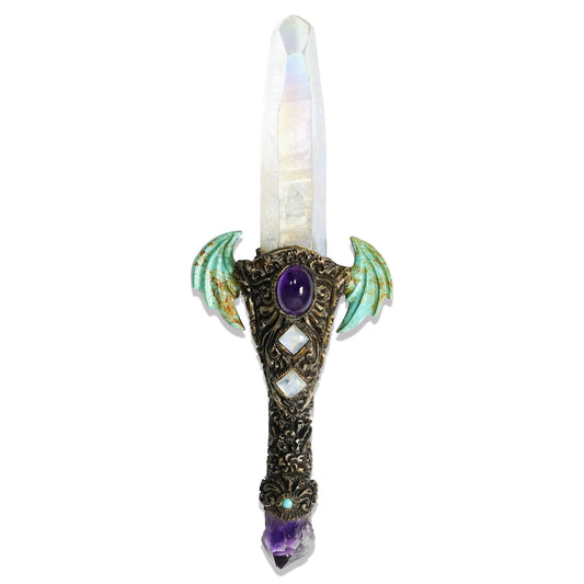 Starborn Angel Aura Quartz Crystal Wand with Turquoise Wings and Decorative Gemstone Inlay Clay Handle