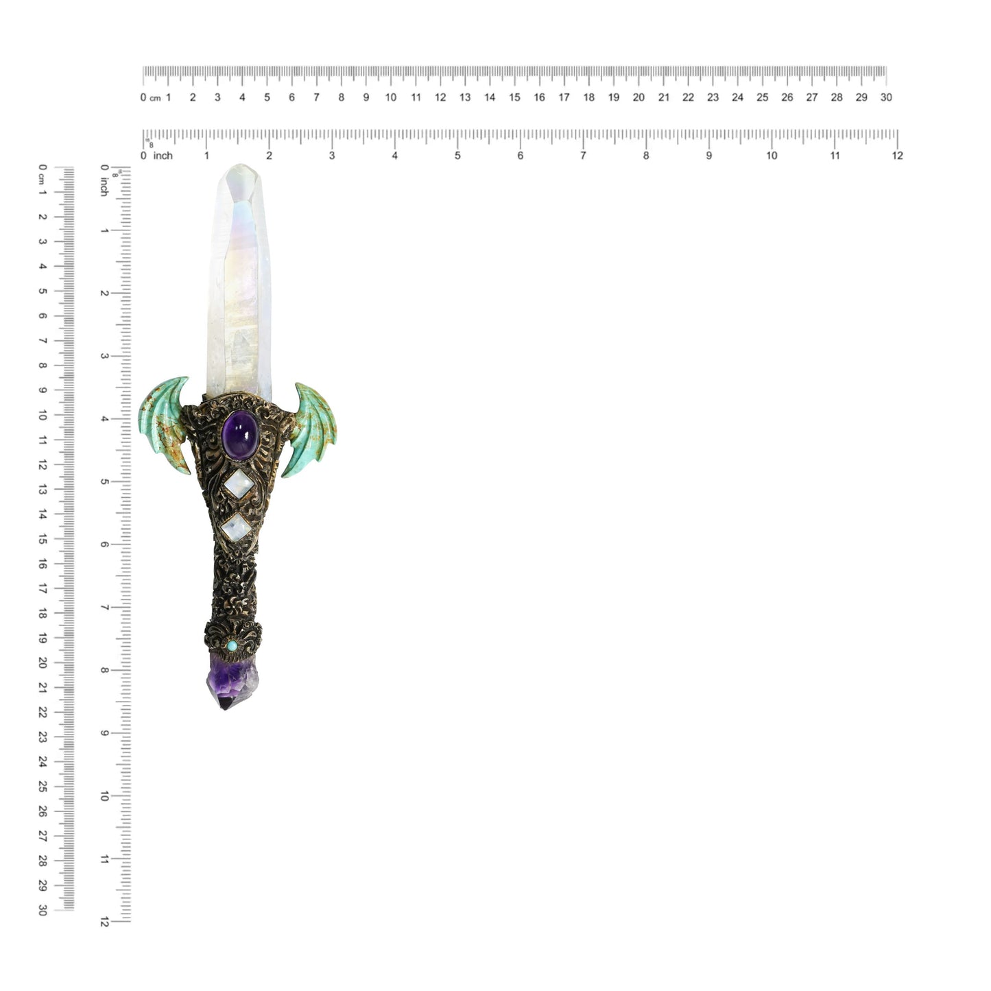 Starborn Angel Aura Quartz Crystal Wand with Turquoise Wings and Decorative Gemstone Inlay Clay Handle