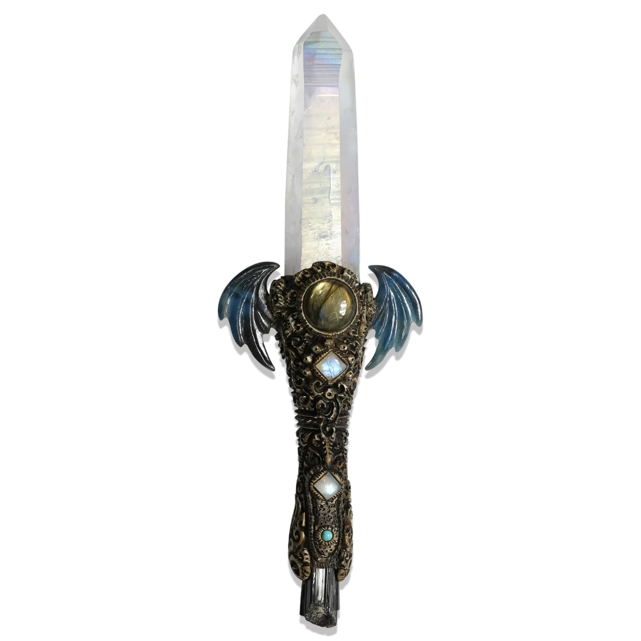 Starborn Angel Aura Quartz Crystal Wand with Troilite Wings and Decorative Gemstone Inlay Clay Handle