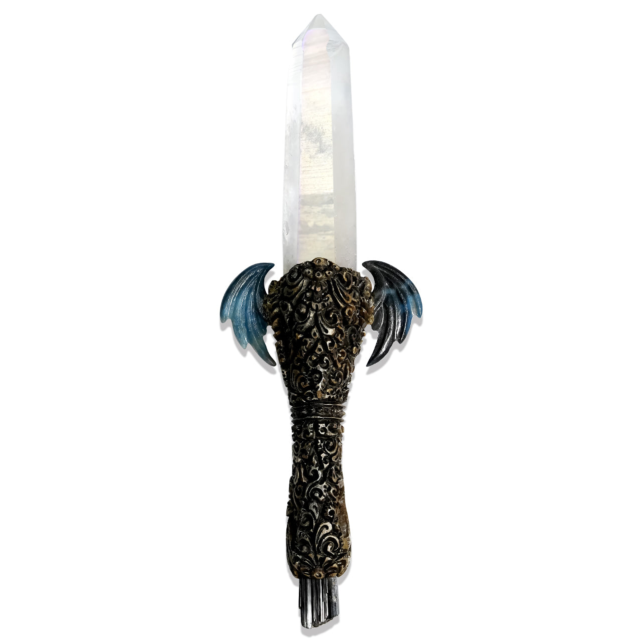 Starborn Angel Aura Quartz Crystal Wand with Troilite Wings and Decorative Gemstone Inlay Clay Handle