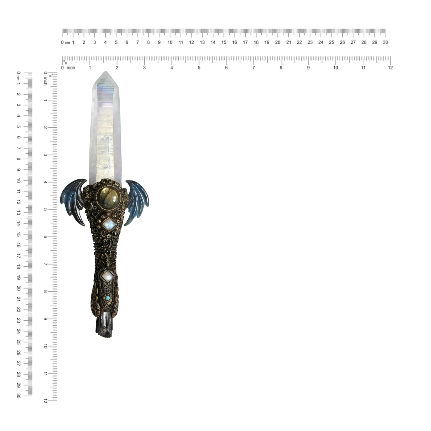 Starborn Angel Aura Quartz Crystal Wand with Troilite Wings and Decorative Gemstone Inlay Clay Handle