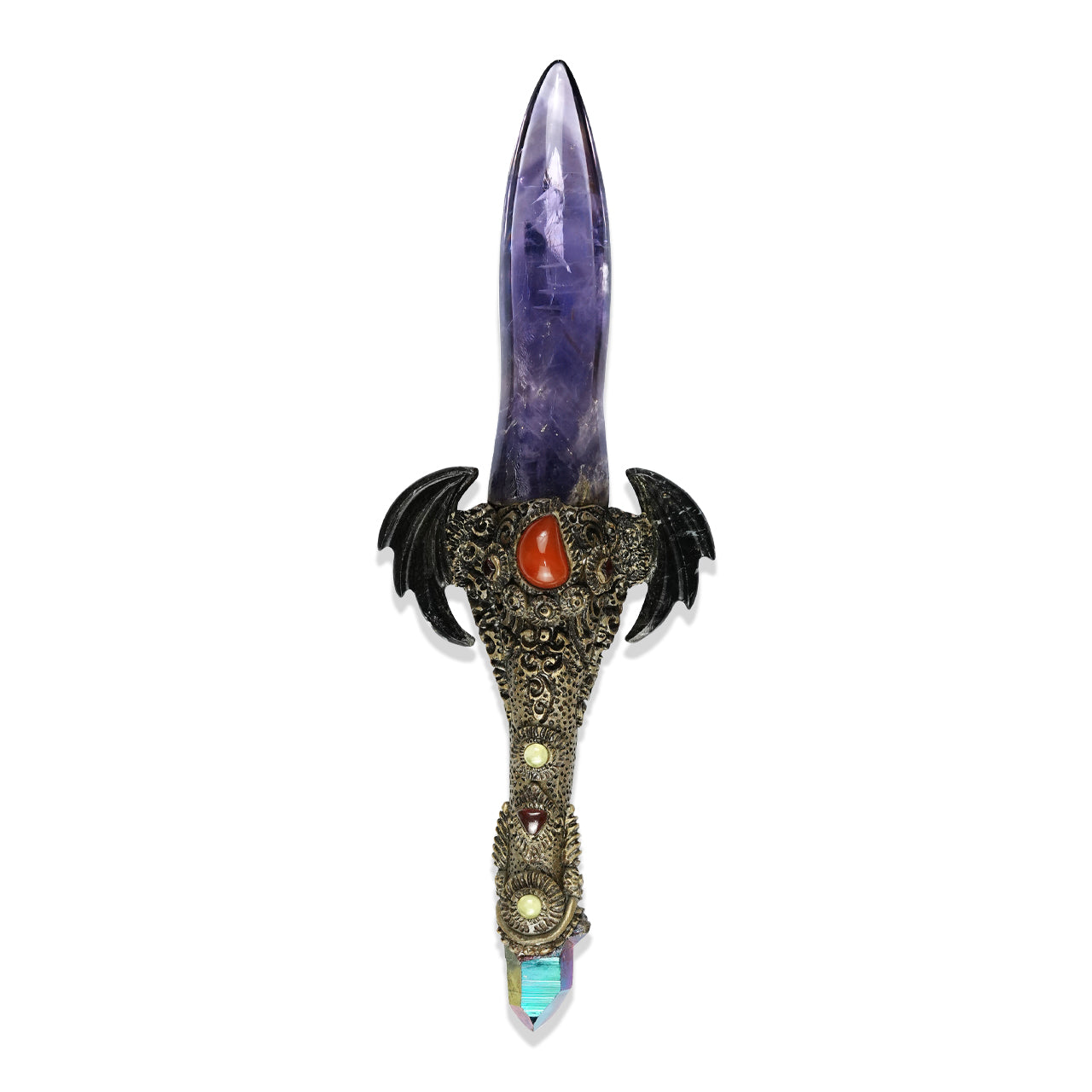 Starborn Chevron Amethyst Crystal Wand with Fossil Palm Wood Wings and Decorative Gemstone Inlay Clay Handle