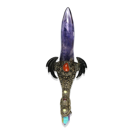 Starborn Chevron Amethyst Crystal Wand with Fossil Palm Wood Wings and Decorative Gemstone Inlay Clay Handle