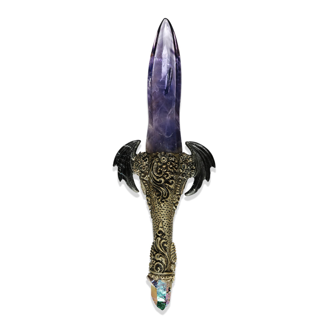 Starborn Chevron Amethyst Crystal Wand with Fossil Palm Wood Wings and Decorative Gemstone Inlay Clay Handle