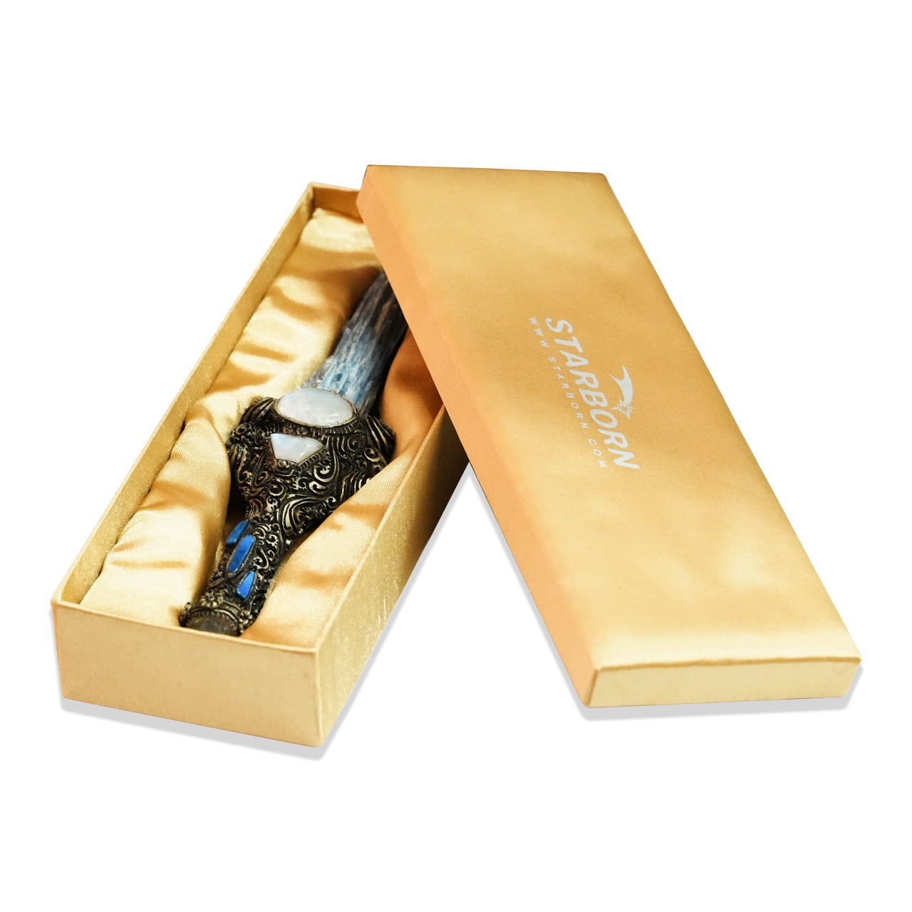 Starborn Kyanite Crystal Wand with Decorative Gemstone Inlay Clay Handle
