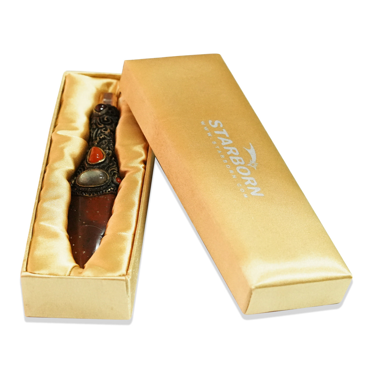 Starborn Red Jasper Crystal Wand with Decorative Gemstone Inlay Clay Handle