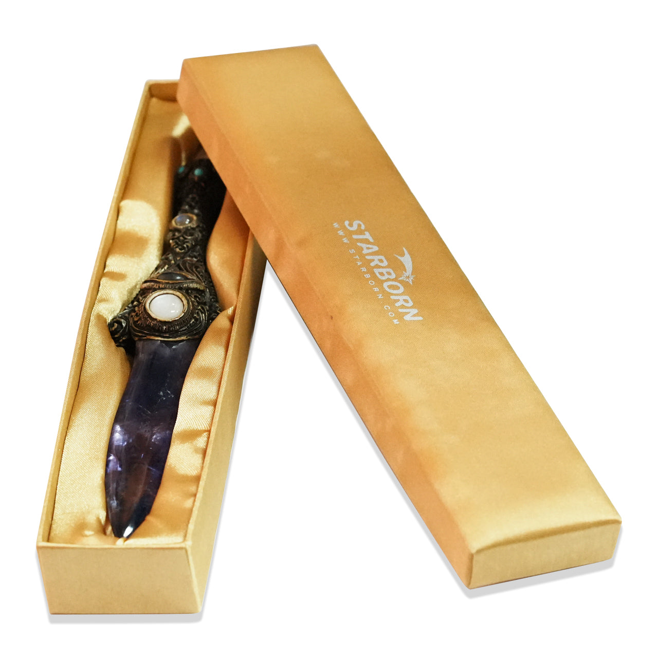 Starborn Chevron Amethyst Crystal Wand with Decorative Gemstone Inlay Clay Handle