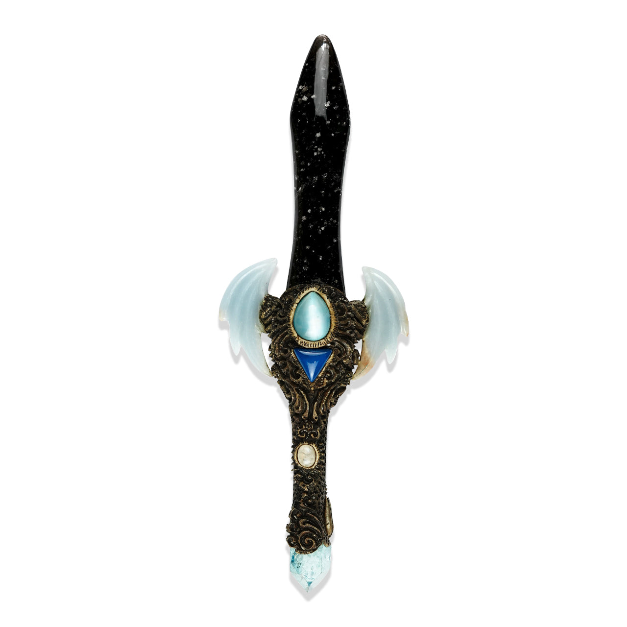 Starborn Galaxy Obsidian Crystal Wand with Angelite Wings and Decorative Gemstone Inlay Clay Handle