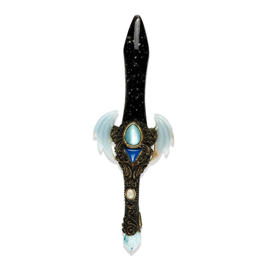 Starborn Galaxy Obsidian Crystal Wand with Angelite Wings and Decorative Gemstone Inlay Clay Handle