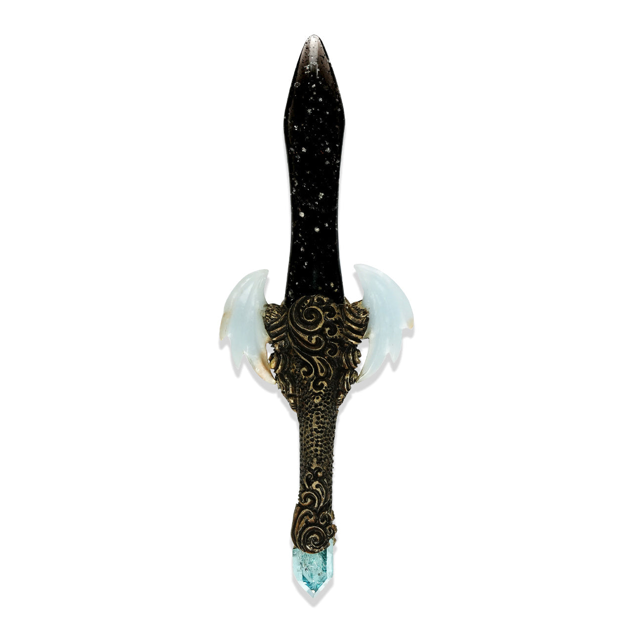 Starborn Galaxy Obsidian Crystal Wand with Angelite Wings and Decorative Gemstone Inlay Clay Handle