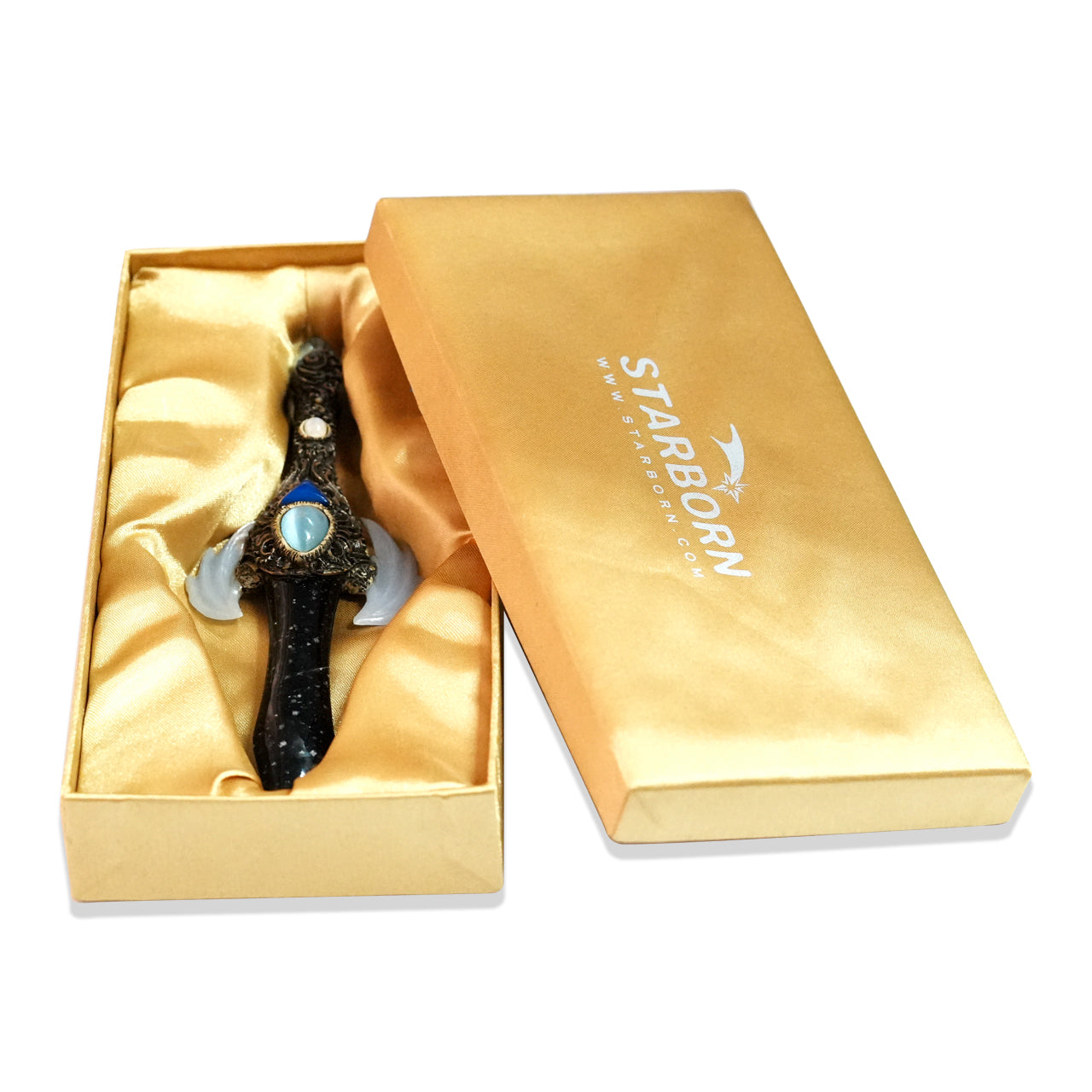 Starborn Galaxy Obsidian Crystal Wand with Angelite Wings and Decorative Gemstone Inlay Clay Handle