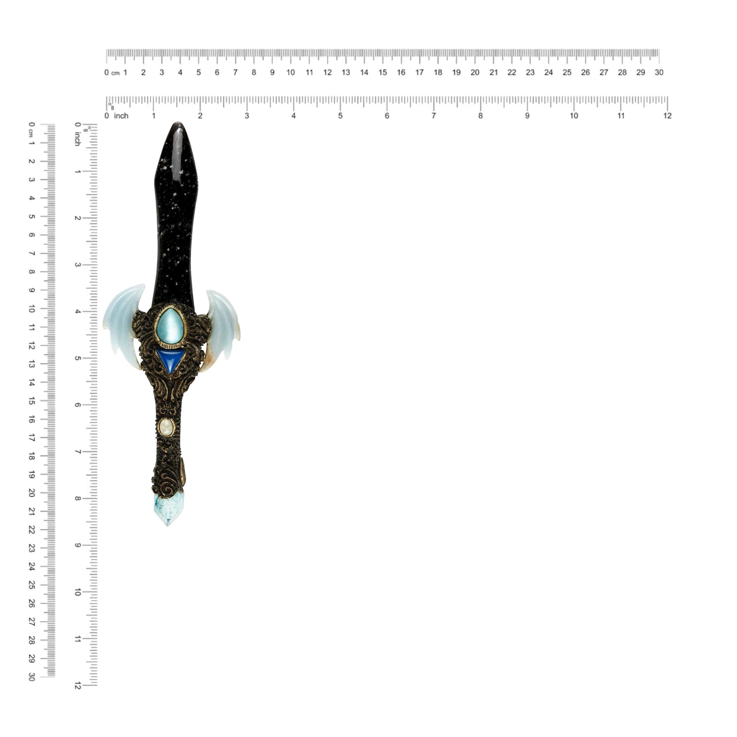 Starborn Galaxy Obsidian Crystal Wand with Angelite Wings and Decorative Gemstone Inlay Clay Handle