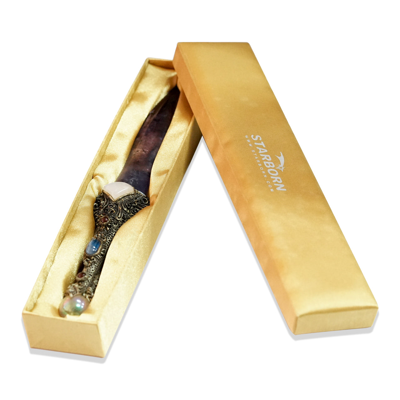 Starborn Chevron Amethyst Crystal Wand with Decorative Gemstone Inlay Clay Handle