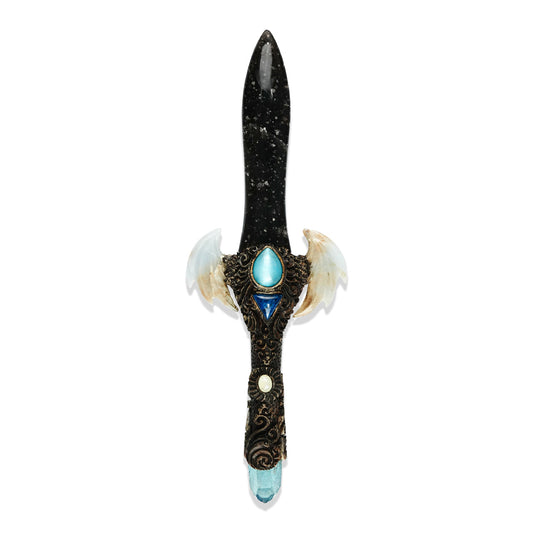 Starborn Galaxy Obsidian Crystal Wand with Angelite Wings and Decorative Gemstone Inlay Clay Handle